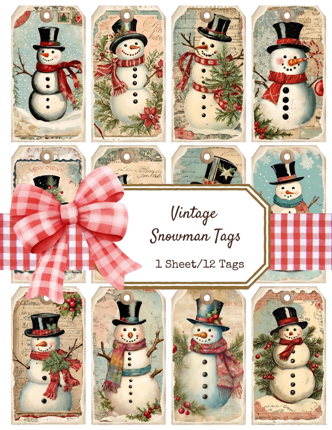 Vintage Christmas Snowman Tags, Shabby Chic Journal Cards (digital ...