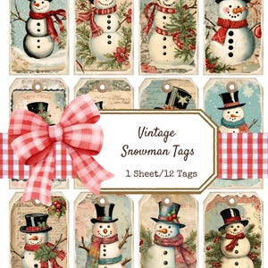 Étiquettes vintage bonhomme de neige de Noël, shabby chic, étiquettes cadeaux, étiquettes de journal indésirable, cartes pour carnet, Noël d'hiver, étiquettes vintage, carte de Noël