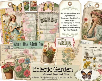 Eclectic Garden Tags und Bits Kit, Frühling Journal, Garten, Journal Karten, Tags, Frühling, Sommer, Junk Journal, bedruckbar, Floral, Blumen