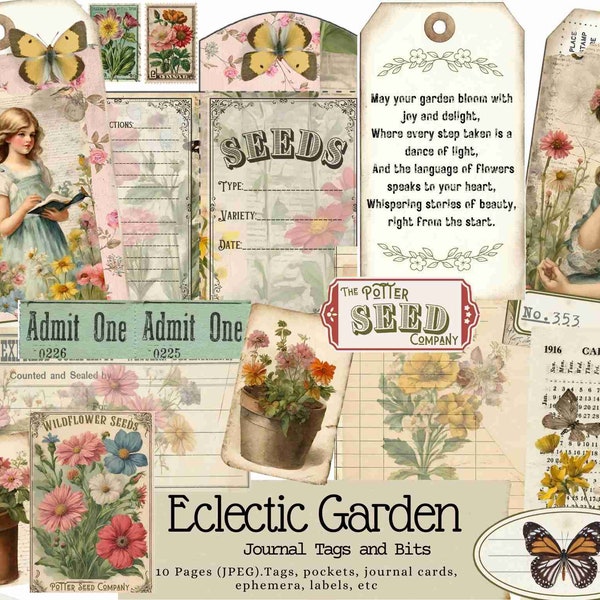 Eclectic Garden Tags and Bits Kit, Spring Journal, Garden, Journal Cards, Tags, Spring, Summer, Junk Journal, Printable, Floral, Flowers