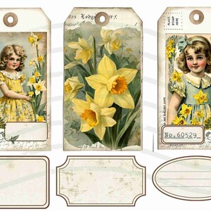 Darling Daffodil Journal Tags and Bits Kit, Umbrella, Junk Journal, Spring, Garden, Daffodils, Journal Card, Tag, Labels, Easter Ephemera image 2