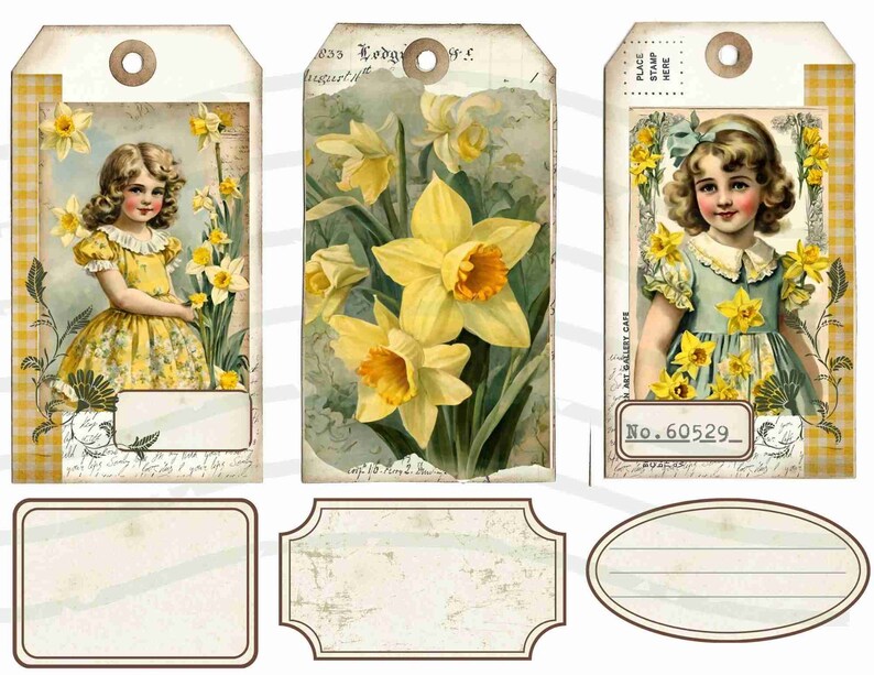 Darling Daffodil Journal Tags and Bits Kit, Umbrella, Junk Journal, Spring, Garden, Daffodils, Journal Card, Tag, Labels, Easter Ephemera image 2