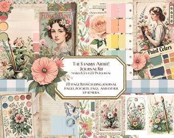 The Shabby Artist – 20-Page Junk Journal Digital Printable Kit | Floral Vintage Ephemera | Tags, Pockets, Cards, Shabby Chic, Art, Floral