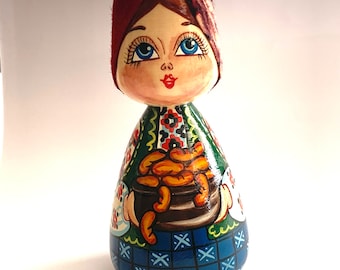 Vintage Russian Wooden Hand-Painted  Doll USSR