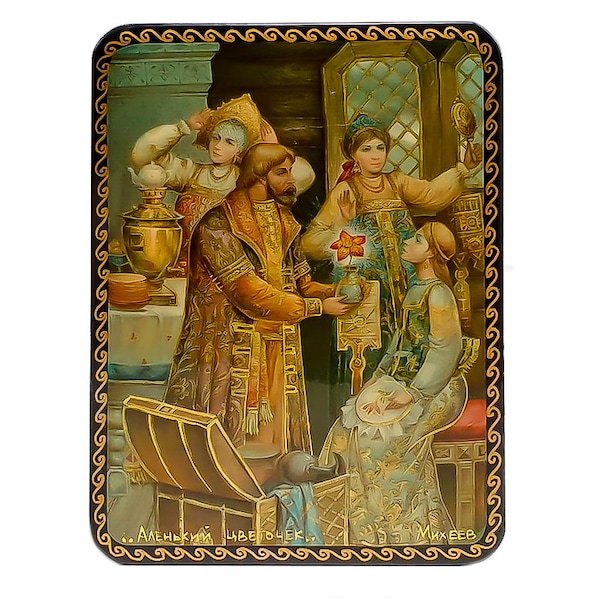 Russian Lacquer Box Fedoskino Scene from the Russian Fairy Tale "The Scarlet Flower" Jewelry Box, Gift Box, Lacquer Miniature