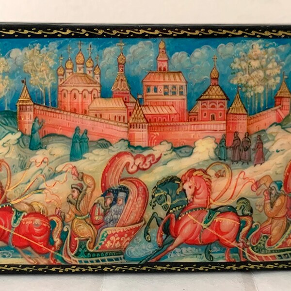 Boîte en laque russe, peinture d'art Palekh, boîte à bijoux Troyka, boîte cadeau miniature en laque