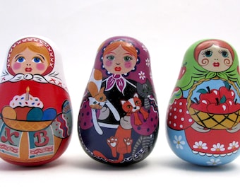 Easter Roly-Poly Dolls Trio: Wood Weebles with Paska Cake, Apple, Cat