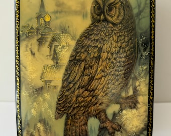 Fedoskino Russian Lacquer Box, Handmade Owl Jewelry Box