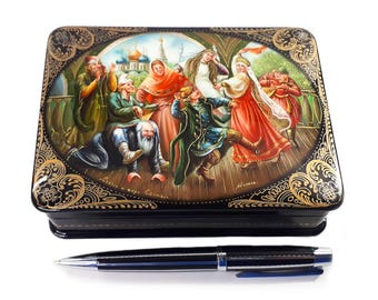 Christmas Gift Russian Lacquer Box Fedoskino Fairy Tale Handmade Jewelry Box