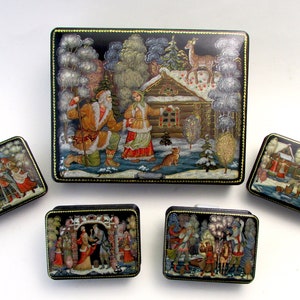 Russian Lacquer Boxes Set of Five with Pictures from Russian Tales