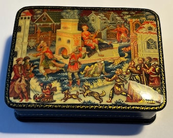Russian Lacquer Box, Fedoskino, Fairy Tale &quot;By Pike Command&quot;, Handmade, Jewelry Box, Gift Box, Lacquer Miniature
