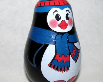 Holiday Penguin Weeble: Wooden Roly Poly Doll, Christmas Gift