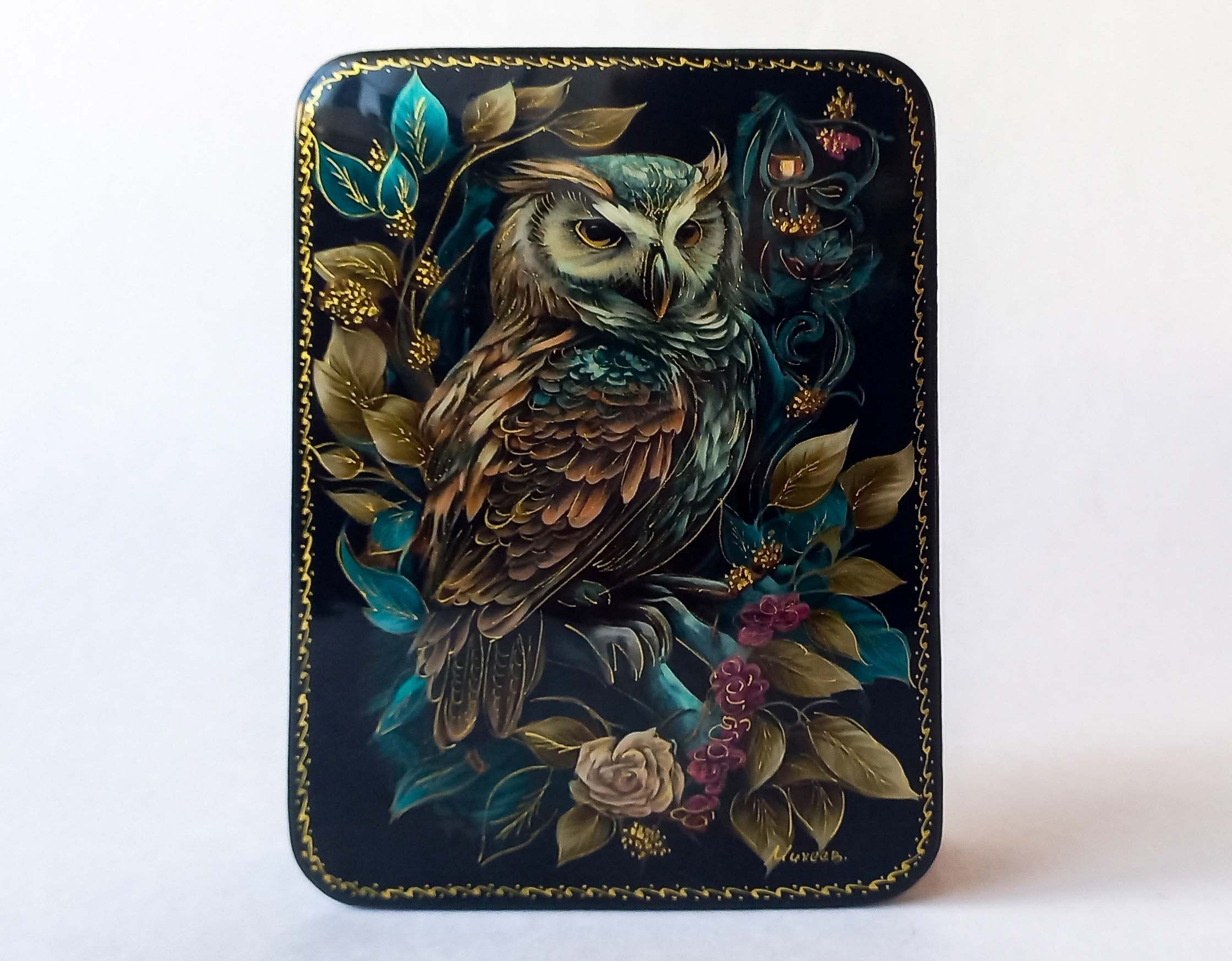 Handmade Fedoskino Lacquer Box, Owl Miniature Jewelry Box