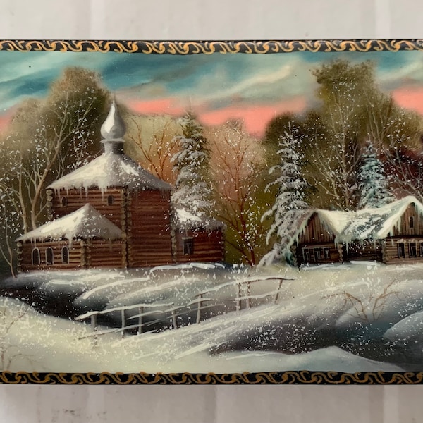 Russian Lacquer Box Fedoskino Art Painting Jewelry Trinket Box Gift Box Lacquer Miniature Russian Winter