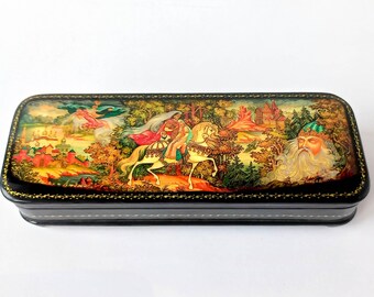 Palekh Russian Lacquer Box: Ruslan and Lyudmila Paper-Mache Trinket Box