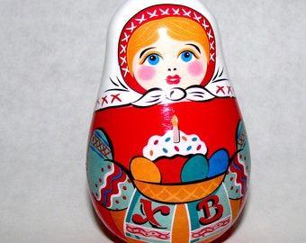Easter Gift Roly-Poly Weeble Doll: Easter Girl with Paskha Cake