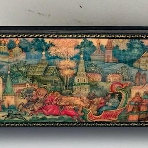 Russian Lacquer Box Palekh Art Painting Troyka Jewelry Trinket Box Gift Box Lacquer Miniature