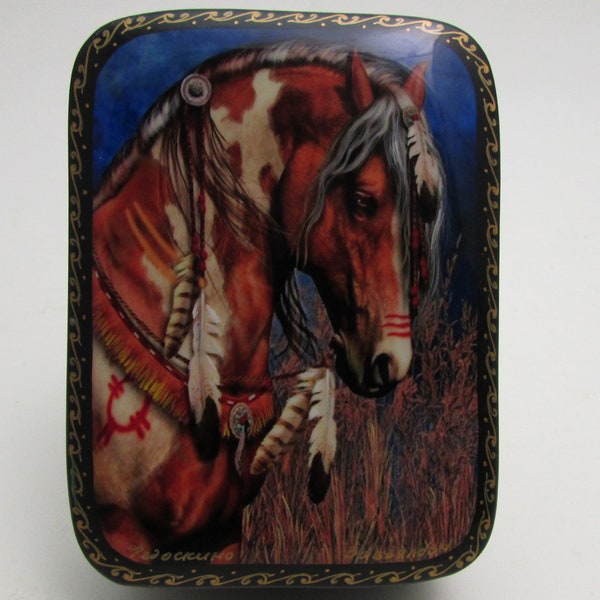 Russian Lacquer Box Fedoskino Art Painting School Horse Portrait Jewelry Box Gift Box