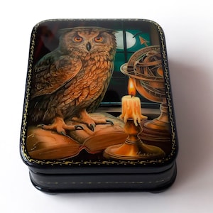 Russian Lacquer Box Fedoskino Jewelry Box, Gift Box, Lacquer Miniature, The Owl
