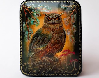 Handmade Fedoskino Lacquer Box, Owl Jewelry Box, Russian Miniature Art