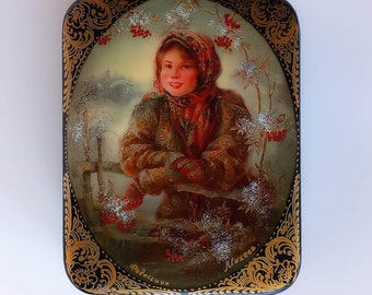 Russian Lacquer Box Fedoskino Art Painting Jewelry Box Christmas Gift Box Winter Scene