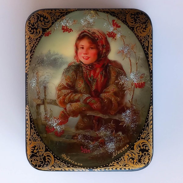 Russian Lacquer Box, Fedoskino, Art Painting, Jewelry Box, Christmas Gift, Winter Scene, Russian Countrygirl