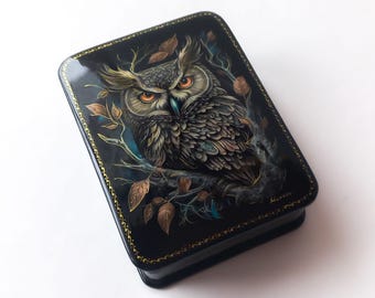 Handmade Russian Lacquer Box, Fedoskino Owl Jewelry Box