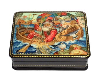 Caja de laca rusa Fedoskino Joyero de cuento de hadas Caja de regalo El cuento del pescador y el pez dorado