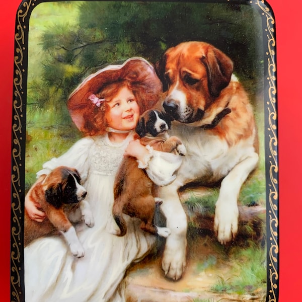 Russian Lacquer Box Fedoskino Art Painting School Girl with a Dog and Puppies Jewelry Box Gift Box