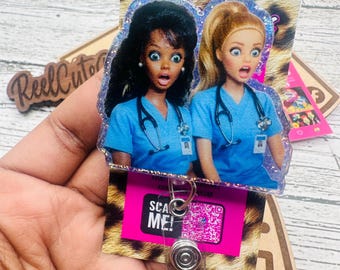 Portatarjetas giratorio con purpurina para mejores amigas: divertido portatarjetas de identificación de enfermera