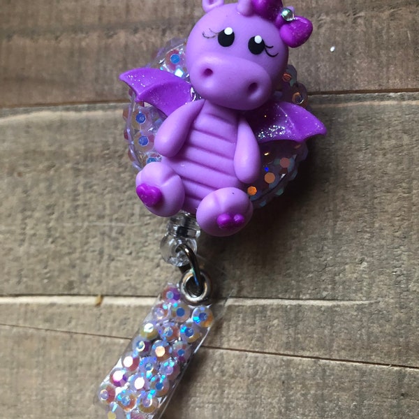 Purple Dragon Badge Holder, Bling Badge Reel, Pediatric, Name Tag, Nurse ID Holder, Retractable Badge Reel-Retractable Belt Clip