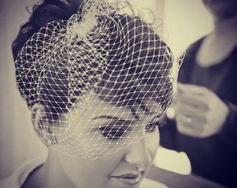 Ivory and White Birdcage Veil Fascinator: Vintage Bridal Headpiece