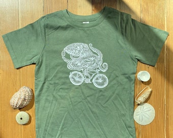 Organic Cotton Kids Tee - Cycling Cephalopod (Octopus) - Unisex Sizing - Hand Illustrated - Hand Screen Printed