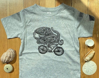 Organic Cotton Kids Tee - Cycling Cephalopod (Octopus) - Unisex Sizing - Hand Illustrated - Hand Screen Printed