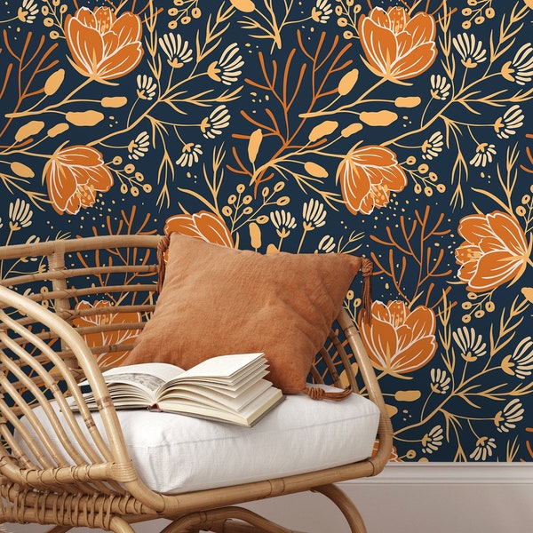 Floral Autumn Wallpaper / Peel and Stick Wallpaper Removable Wallpaper Home Decor Wall Art Wall Decor Room Decor - D152