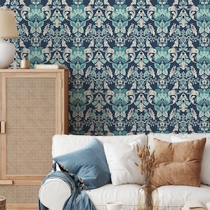 Teal Damask Baroque Floral Classic Repeat Wallpaper - D097