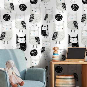 Cartoon Owls Kids Room Art Black White Characters Wallpaper - D105