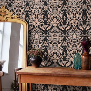 Black Damask Blush Scroll Ornate Pattern Wallpaper - D076