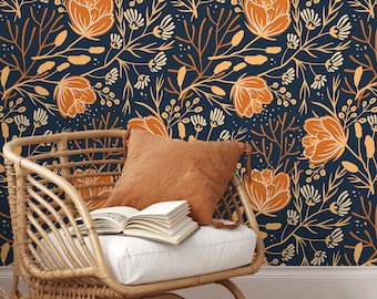 Floral Autumn Wallpaper / Peel and Stick Wallpaper Removable Wallpaper Home Decor Wall Art Wall Decor Room Decor - D152