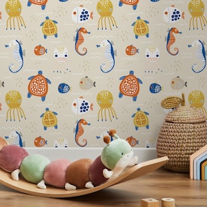 Sea Creatures Ocean Animal Doodles Kids Aquatic Print Wallpaper - D110