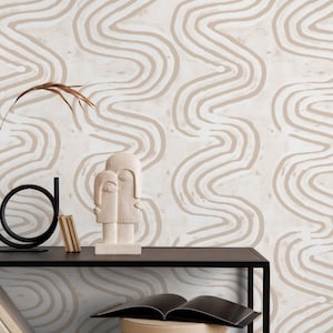 Modern Abstract Wallpaper in Beige and Cream on Cream - Peel and Stick - X093