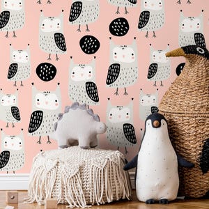 Pink Owl Print Playful Cartoon Cute Character Design Wallpaper - D106