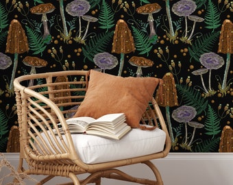 Mushroom Garden Wallpaper Dark Floral Wallpaper Peel and Stick and Traditional Wallpaper - D814