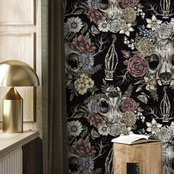 Gothic and Floral Wallpaper Skull and Peony  Wallpaper Peel and Stick and Traditional Wallpaper - D832