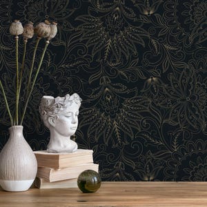 Gold Floral Outline Black Base Delicate Pattern Wallpaper - D081