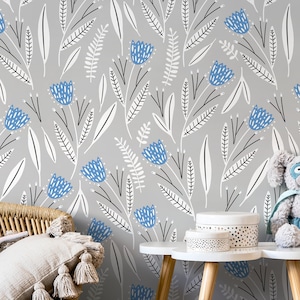 Blue and Gray Floral Wallpaper / Peel and Stick Wallpaper Removable Wallpaper Home Decor Wall Art Wall Decor Room Decor - D388