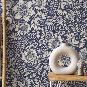 Blue and Beige Floral Wallpaper / Peel and Stick Wallpaper Removable Wallpaper Home Decor Wall Art Wall Decor Room Decor - D068