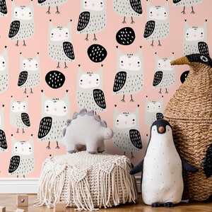Cute Owl Nursery Wallpaper / Peel and Stick Wallpaper Removable Wallpaper Home Decor Wall Art Wall Decor Room Decor - D106