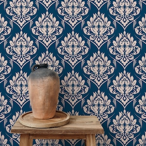 Blue and Beige Damask Wallpaper / Peel and Stick Wallpaper Removable Wallpaper Home Decor Wall Art Wall Decor Room Decor - D227