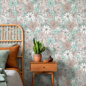 Retro Floral Wallpaper / Peel and Stick Wallpaper Removable Wallpaper Home Decor Wall Art Wall Decor Room Decor - D381